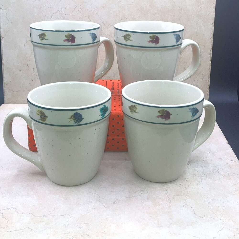 Set of 4 FolkCraft Rainbow Trout Fishing Lure 16 oz Mugs Speckled 1970’s